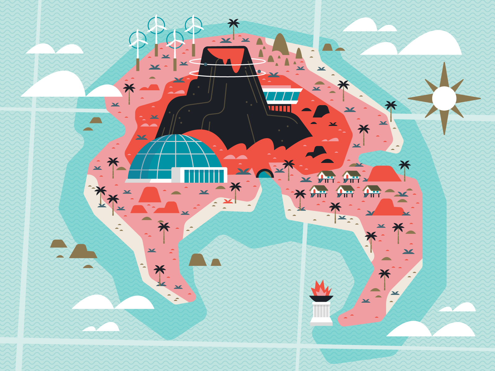 Mewton Island Map atlantic colorful design editorial illustration freelance illustration illustrator island map map illustration nft nft illustration nfts ocean pacific vector illustration volcano