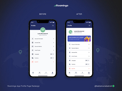 Roamingo App app design esim profile profilepageredesign redesign travellapp ui uiux ux