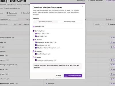 Download Multiple Documents - Modal Dialog checkbox checkbox group compliance cybersecurity dialog figma modal oneleet product design saas segment control ui ui design ui ux design ux design web