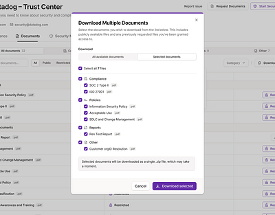 Download Multiple Documents - Modal Dialog checkbox checkbox group compliance cybersecurity dialog figma modal oneleet product design saas segment control ui ui design ui ux design ux design web