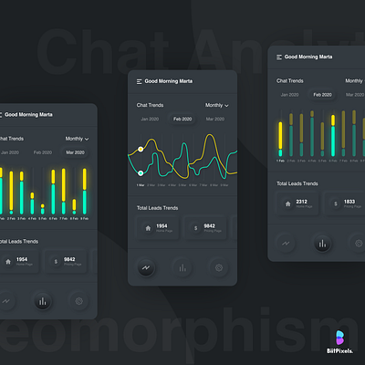 Chat & Leads Analytics App Design Concept (Neomorphism) analytics analytics app chart app chat leads analytics dark mode dark neomorphism leads app mobile app neomorphism neon neon colors skeumorphism