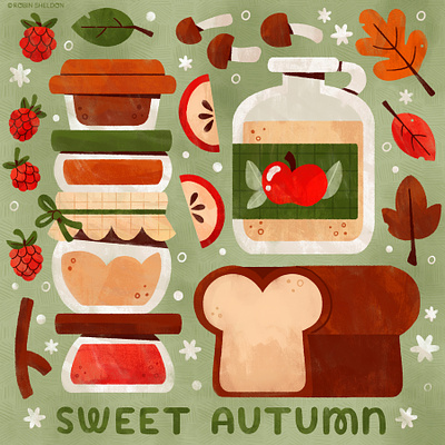 🍄🍞🍯🍁🍎 Sweet Autumn 🍄🍞🍯🍁🍎 apple autumn bread cabincore cider cottagecore cute design digital digital illustration fall food illustration illustration robin sheldon