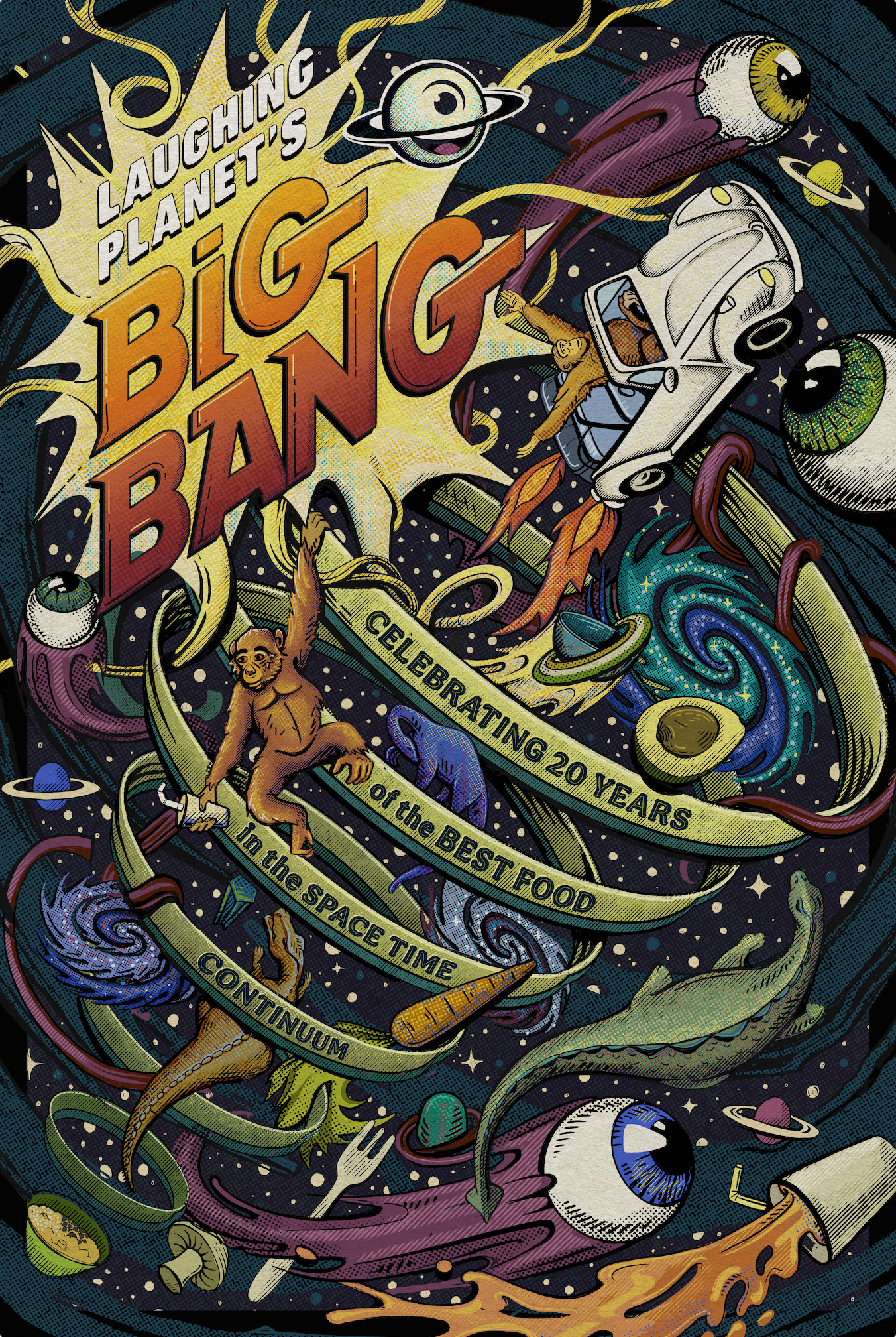 Laughing Planet's Big Bang Poster dinosaurs halftone hand drawn illustrated poster illustration lettering procreate retro retro poster true grit supply texture