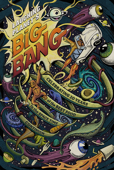 Laughing Planet's Big Bang Poster dinosaurs halftone hand drawn illustrated poster illustration lettering procreate retro retro poster true grit supply texture