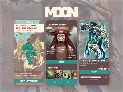 Moon - NFT marketplace UI design concept app application art case study design digital art exploration flow inspiration interface ios library moodboard moon nft prototype ui ui library visual wireframes