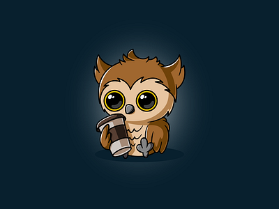 Cute Owl with Coffee – Vector Cartoon Illustration cartoon coffee cute flat icon logo mascot owl sign vector