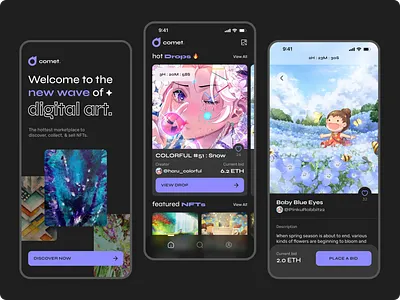 Comet | NFT Marketplace Mobile App app app design blockchain crypto cryptoart cryptocurrency design eth ethereum ios marketplace mobile mobile app design mobile design mobile ui nft nft marketplace ui ui design web 3.0