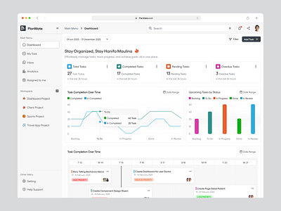 PlanMate - Saas Dashboard Task Management assigned card chart completed empty home management organize productivity project saas saas dashboard saas ui saas website task management timeline to do list worklist workspace