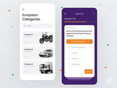 Driver Exam App app category design driver exam mobile mvp purrweb questionnaire react native startup study test ui ux