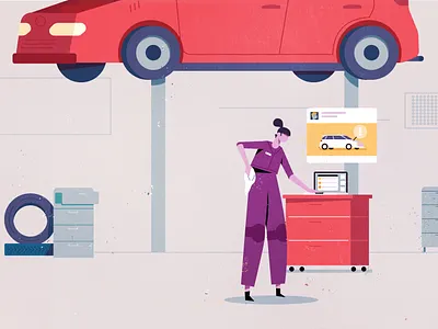 Facebook Car Scene animation automotive car character facebook garage illustration industrial keyframe laptop mechanic mograph shop