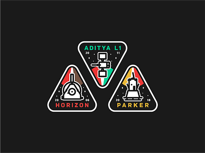 Aditya L1, Horizon & Parker astro badge discover explore galaxy graphic design icon set illustration logo mission nasa satelite sonda space space x spaceship star travel typo universe