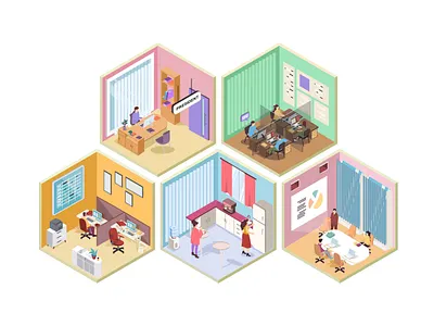 Call Center Isometric Rooms 3d assistance call center helpdesk helpline hotline illustration interior isometric isometry office operator people person room support vector web website