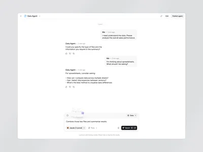 Agent: Chat Interface agents ai ai agents artificial inteligence balasinski chat chatbot components dialog dropzone light llm message modal product design saas saas ui ui uxui webapp