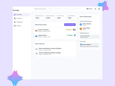 DocuLingo – AI-Powered Document Translator ai ai assistant analytics collaboration dashboard document documents file upload landing page product design profile status table team translator ui upload user management ux website