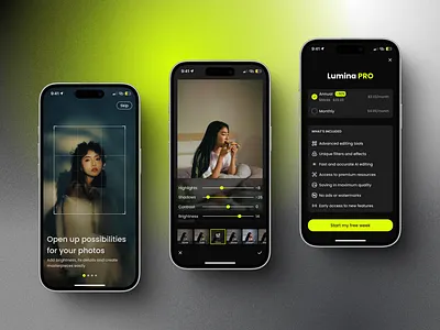 Lumina • AI Photo Editor ai appdesign branding dark theme darkmodeui design logo mobile app design onboarding photo editing photo presets prototyping sign in sign up ui ux vector wireframing