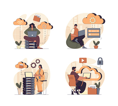 Cloud Computing Illustrations cartoon center character cloud computing data datacenter flat hosting illustration landing network page people person service site vector web website