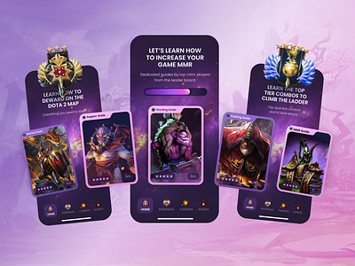 Gaming App Layout with Swiping Hero Cards achivements app design app ui dark ui dota 2 game app game design gaming guides hero hero cards map mmr purple rank icons rankings swiping ui ui kit ux