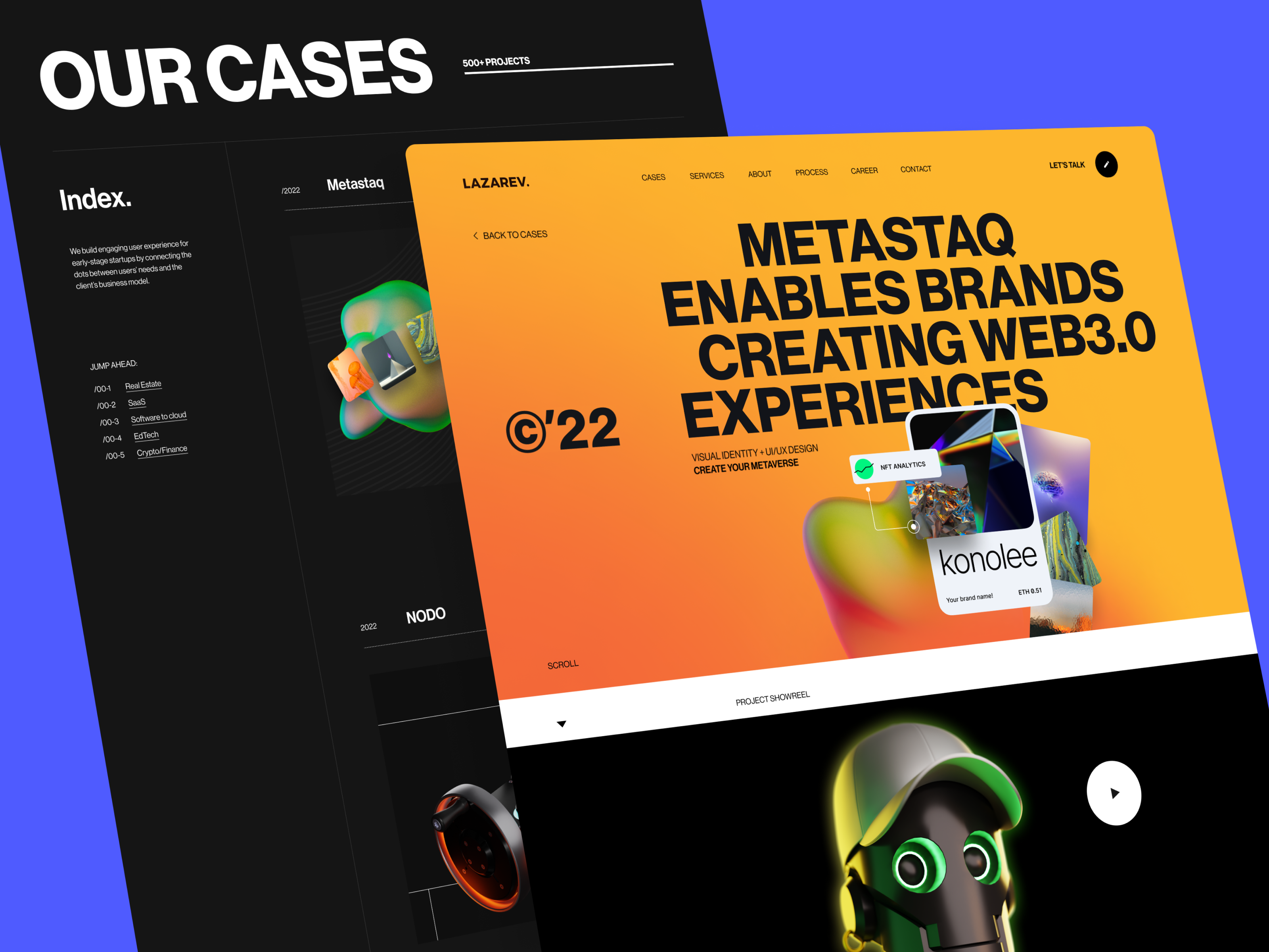 Desktop version of the Cases page & Single case intro | Lazarev. 3d agency cases design desktop digital lazarev list our solutions portfolio product project preview promo site ui web web design web3 website work
