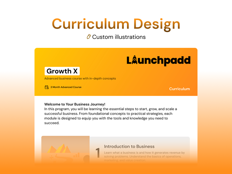 Curriculum Design for Advanced startup course - graphic design branding business course colors curriculum design custom illustration design figma graphic design graphics illustration launchpad shapes startup syllabus design vector visuals