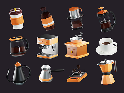 3D Coffee Shop Icons 3d 3d render blender brew cezve coffee coffee beans coffee press coffee set coffee shop cup espresso grinder icon icon set illustration moka pot pot rendering shop