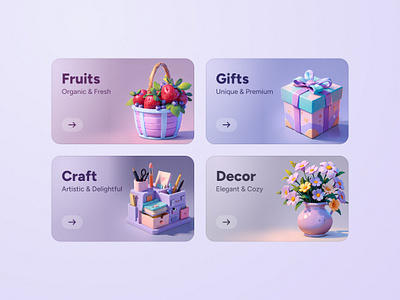 Category cards with 3d illustration 3d bento branding cards category craft features flower gift gradiant illustrations pastel pink purple quick swiggy tools ui zepto zomato