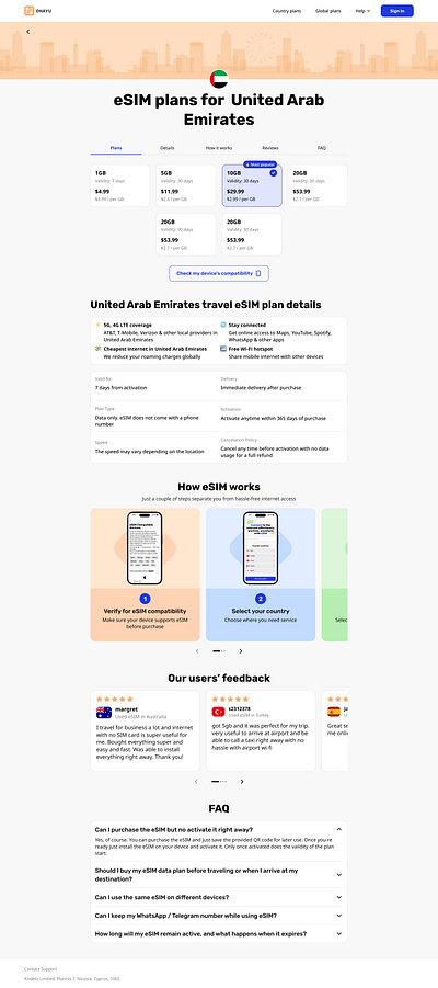 eSIM UAE Landing Page Design esim travel website ui web design website design