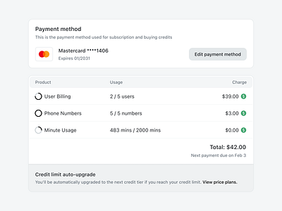 Billing & Usage Settings account billing dashboard payment settings usage user interface