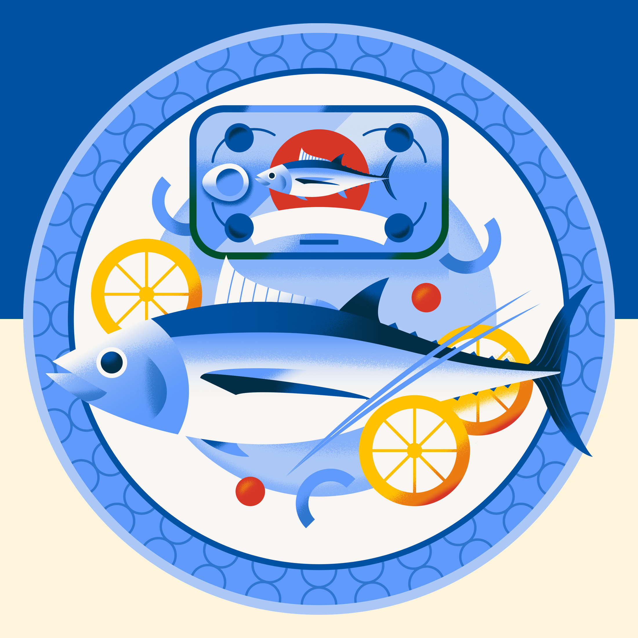 Spanish Preserved Food Editorial blue can dinner editorial fish flat food gradient illustration meal minimal octopus plate retro seafood spanish spot illustration texture vector vegetable
