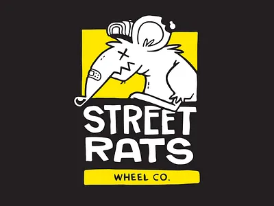 Street Rat Wheel Co. Logo 80s 90s blake stevenson branding cartoon character design cute design illustration jetpacks and rollerskates logo design rat retro skateboarding ui