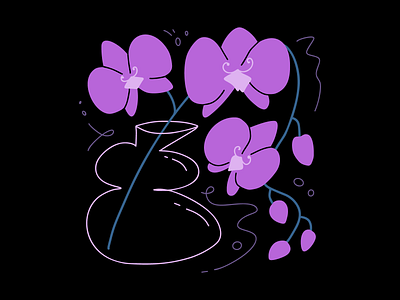 Orchid bloom blossom botanical bouquet branch elegant flora flower foliage hand drawn illustration nature orchid petal plant purple stalk transparent vase violet