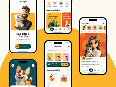 Pawtopia — Pet App 3d animal branding cat clean dog graphic design icons ios midjourney minimalism mobile app pet app pet care pets spline ui uiux user friendly veterinary