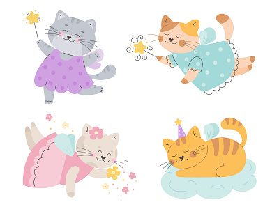 Fairy tale cats set with a magic wand and wings print