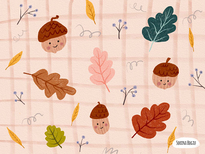 Autumn Leaves acorn autumn brown childrens book illustration cute design fabric design fall illustration illustrator kidsdesign leaves pattern pattern design pink