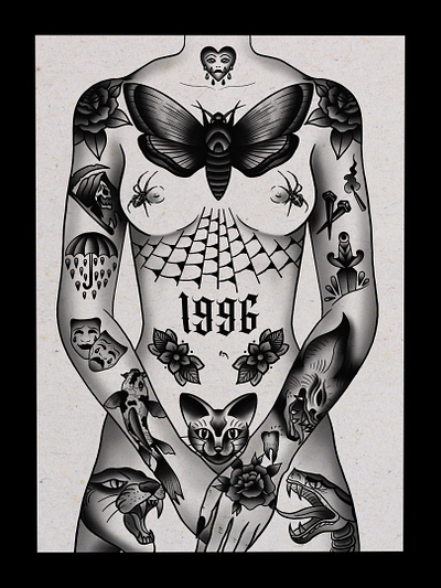 Tattooed Lady - Traditional Tattoo Flash 2d art art print artist design digital digital art drawing flash tattoo girl graphic design illustration lady procreate tattoo