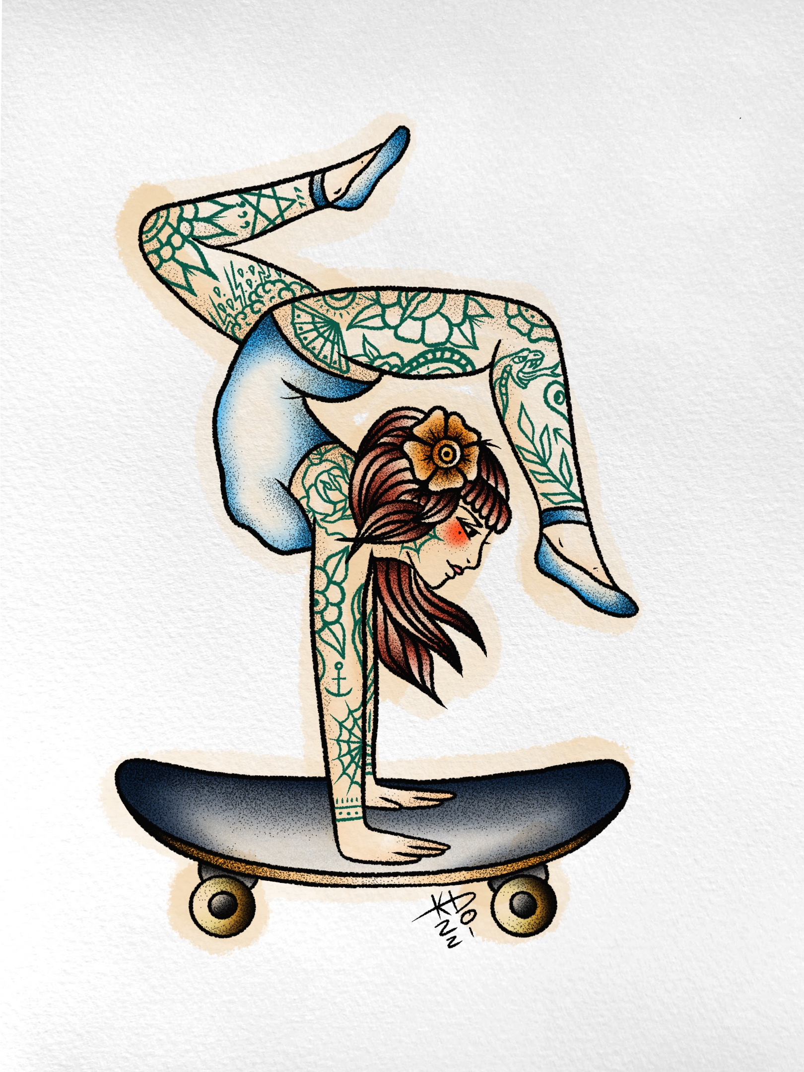 Skateboarding Girl - Traditional Tattoo Flash 2d art art print artist design digital digital art digital artist girl illustration procreate tattoo
