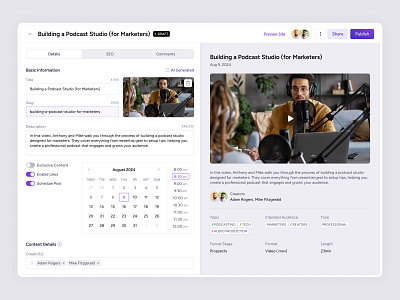 AudiencePlus - Content Creation ai suggestions audienceplus bb agency cms content creation content editing content strategy content workflow datepicker draft minimal podcast product design saas split screen ui user interface ux video