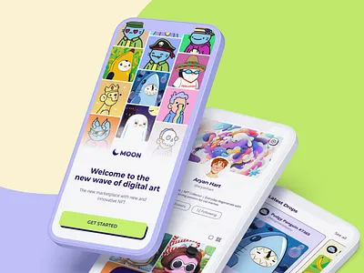 Moon 🌙 - NFT Marketplace 3d android app branding cartoon crypto doodle dribbble course illustration logo marketplace mobile moon nft nft art nft marketplace slide slider ui ux