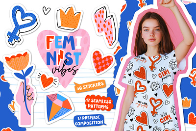 Feminist Vibes. Stickers and pattern design feminism feminist girl power graphic design pattern social sticker vector womans