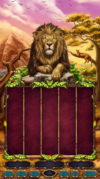 Design of the Main UI for the African themed slot machine african slot african themed background illustratiob game art game design game designer game slot graphic design illustration illustration art main ui reels reels art reels design slot art slot design slot designer slot game design slot reels ui