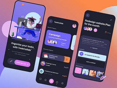 Task Management App with TaskCollab app app interface bright color scheme collaboration dark themed efficiency mobile app design mobile ui organization app planner playful imagery productivity responsive design task list task management task organizer team collaboration user experience ux workflow