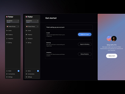 Navigation Design for Parker app darkmode financial getstarted navigation ui