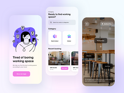 CoWerk - Coworking Space App 2d illustration app clean design illustration mobileapp purple ui user experience user interface ux working space