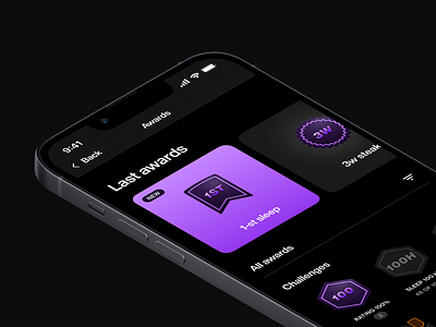 Awards for sleep tracking app app awards dark experience friends gamefication levels medals profile sleep typography ui ux