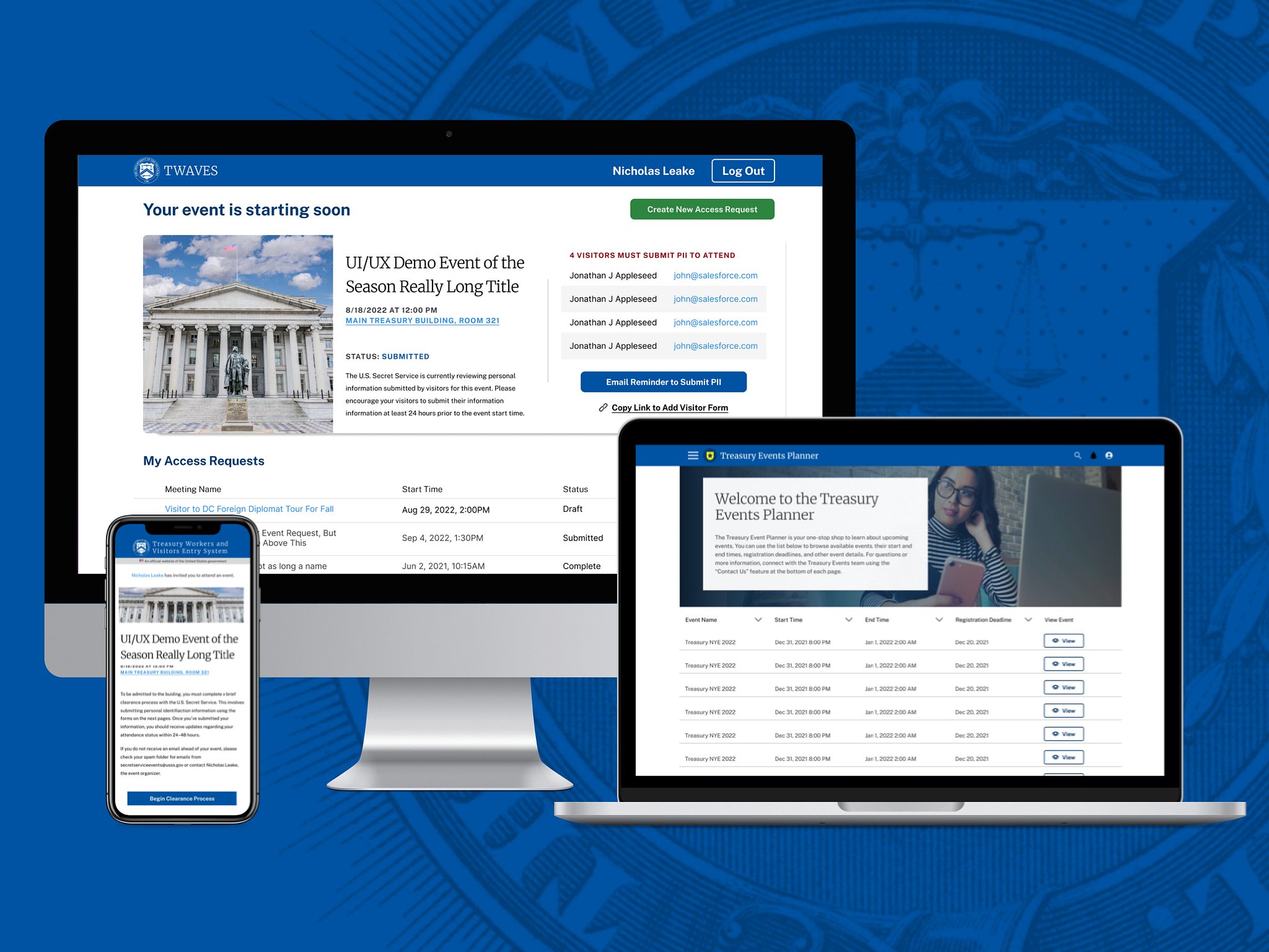 UI mockup of an events application for the US Treasury Department using the Treasury Digital Design System.
