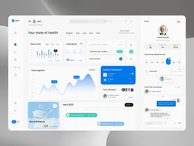 Medical Dashboard Design clean ui dashboard design data analysis digital health health data healthcare landing page medical dashboard medical records medical software medical website modern design patients ui design user experience user interface ux web design wellness white theme