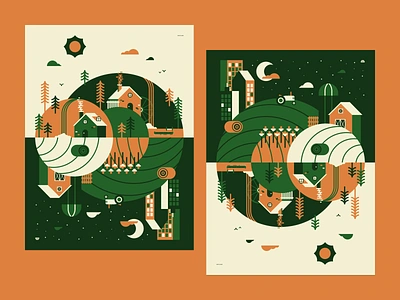 Circle World Illustration adammade circles city day farm flat design fun graphic design house illustration isometric just for fun night orange outdoors poster trees waerfall woods