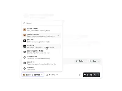 Agent: AI Model Selection ai ai agent ai models antropic balasinski bot chat chatbot claude clean components datasources llm openai perplexity product design saas ui