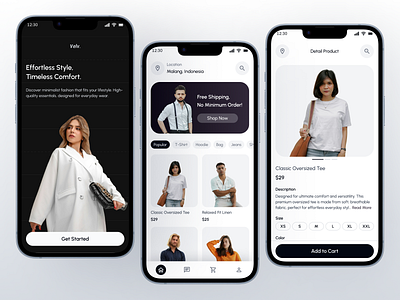 Velv. – Minimalist Fashion Shopping App 2025 card cart design ecommerce fashion grid marketplace minimalist mobileapp modern onboarding shirt trend ui