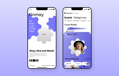 Nomsy - Events App birthdays clean layout concert entertainment app eve event discovery events events app events listing fun local events mobile app nightlife purple layout sleek interface tickets ui ui design user engagement user experience