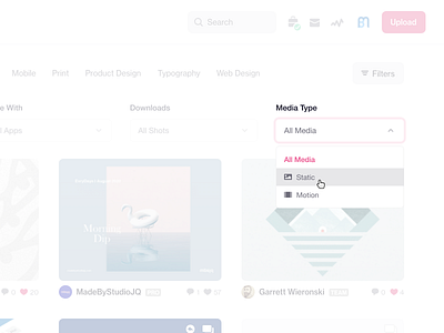Dribbble Media Filter Idea dribbble feature dribbble filter dribbble request dropdown figma idea media type menu product design select